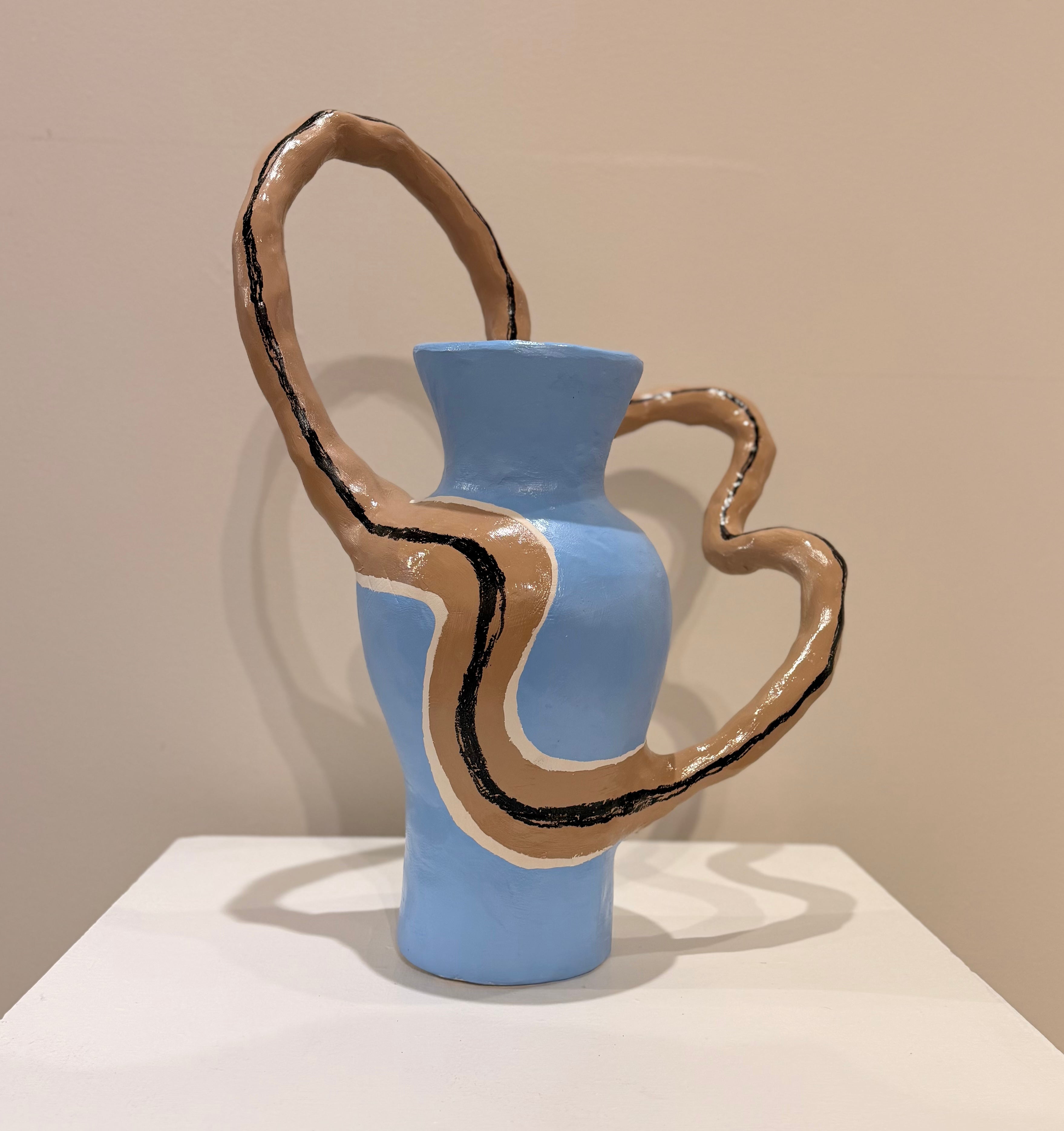 Medium blue vessel with wavy handle by Lori Lyon