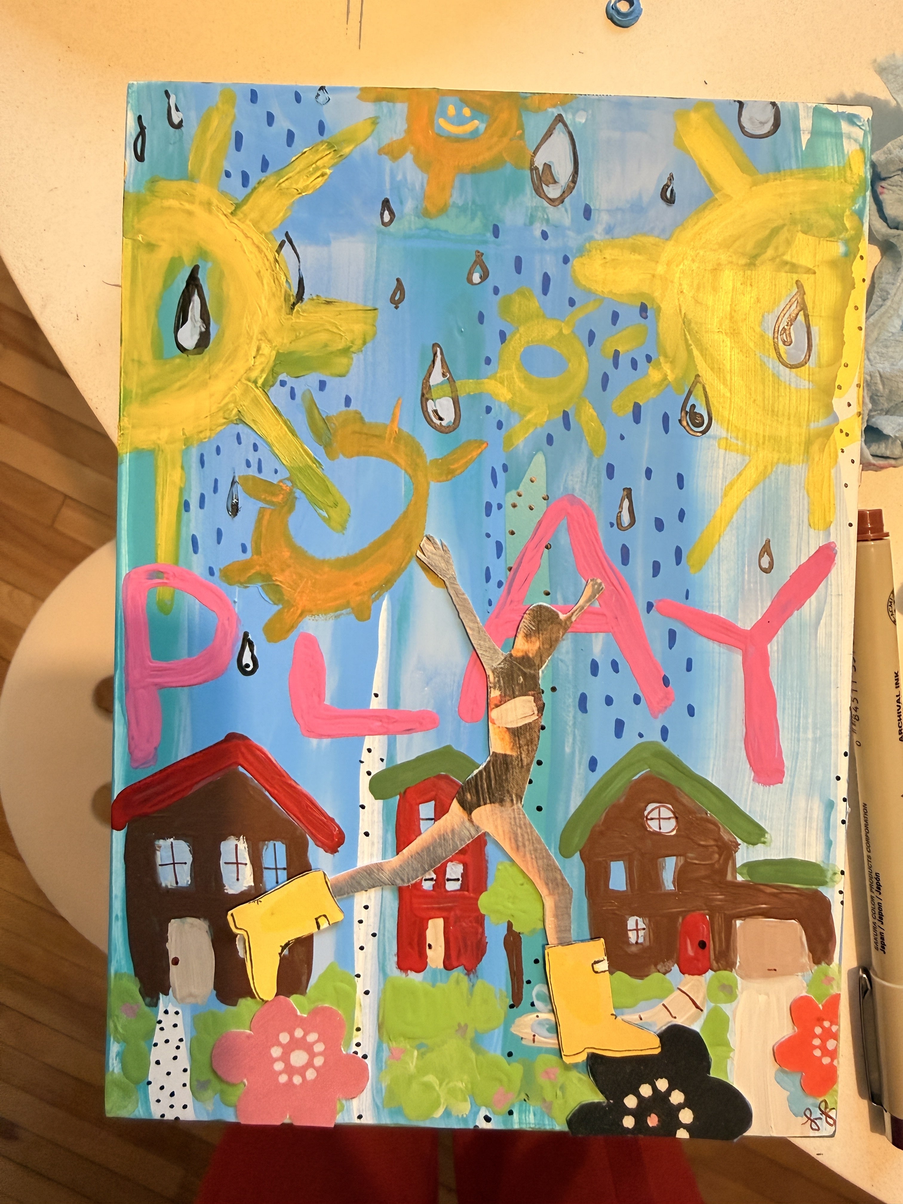 Play - acrylic and collage painting by Lori Lyon